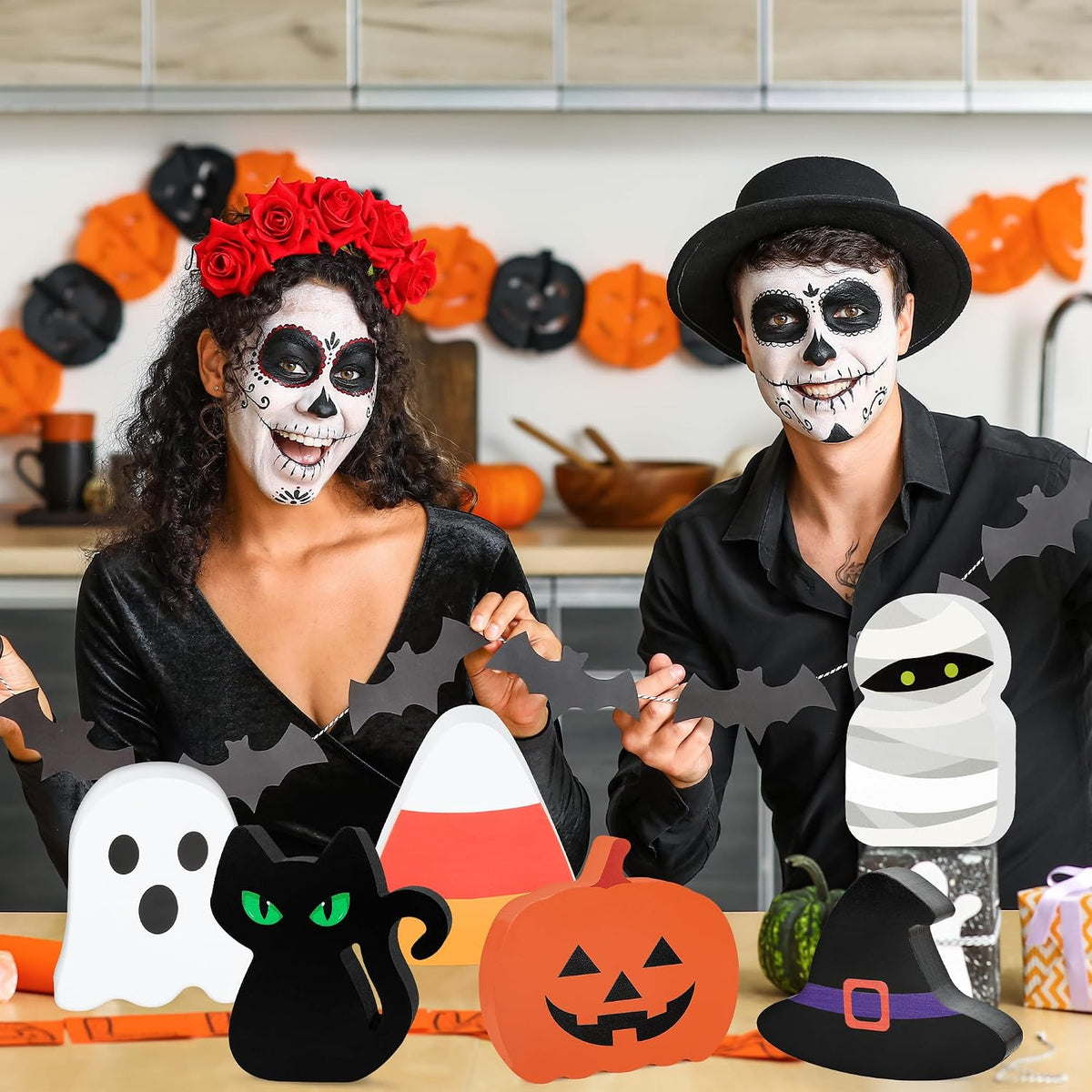 Festive Aura Pumpkin Ghost Mummy Mini Wood Collection – Affordable Hostess Gift for Halloween Party Planner