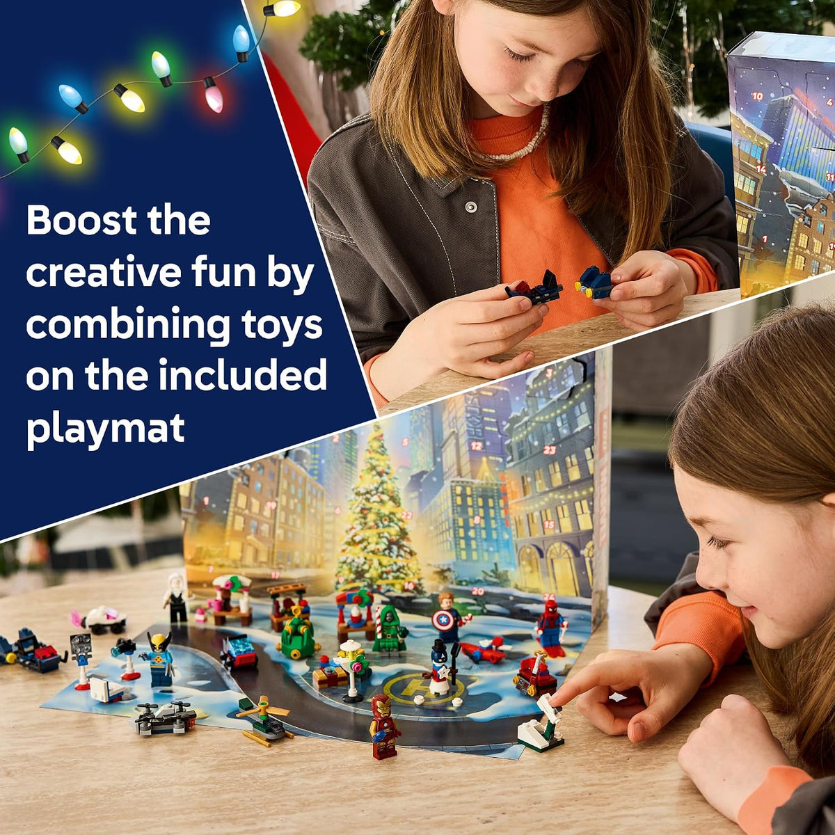 festive marvel builds such as an x-jet sleigh, captain america snowman, snowball cannon, and wolverine-claw christmas tree