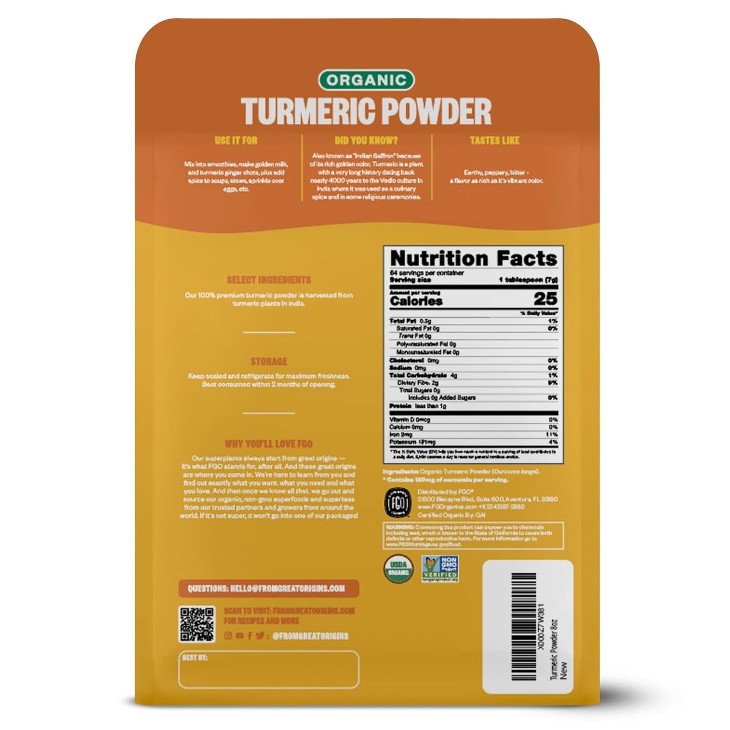 FGO Organic Turmeric Root Powder – Less-Is-More Pantry Staple, USDA Organic Ground Curcuma Longa, 8oz