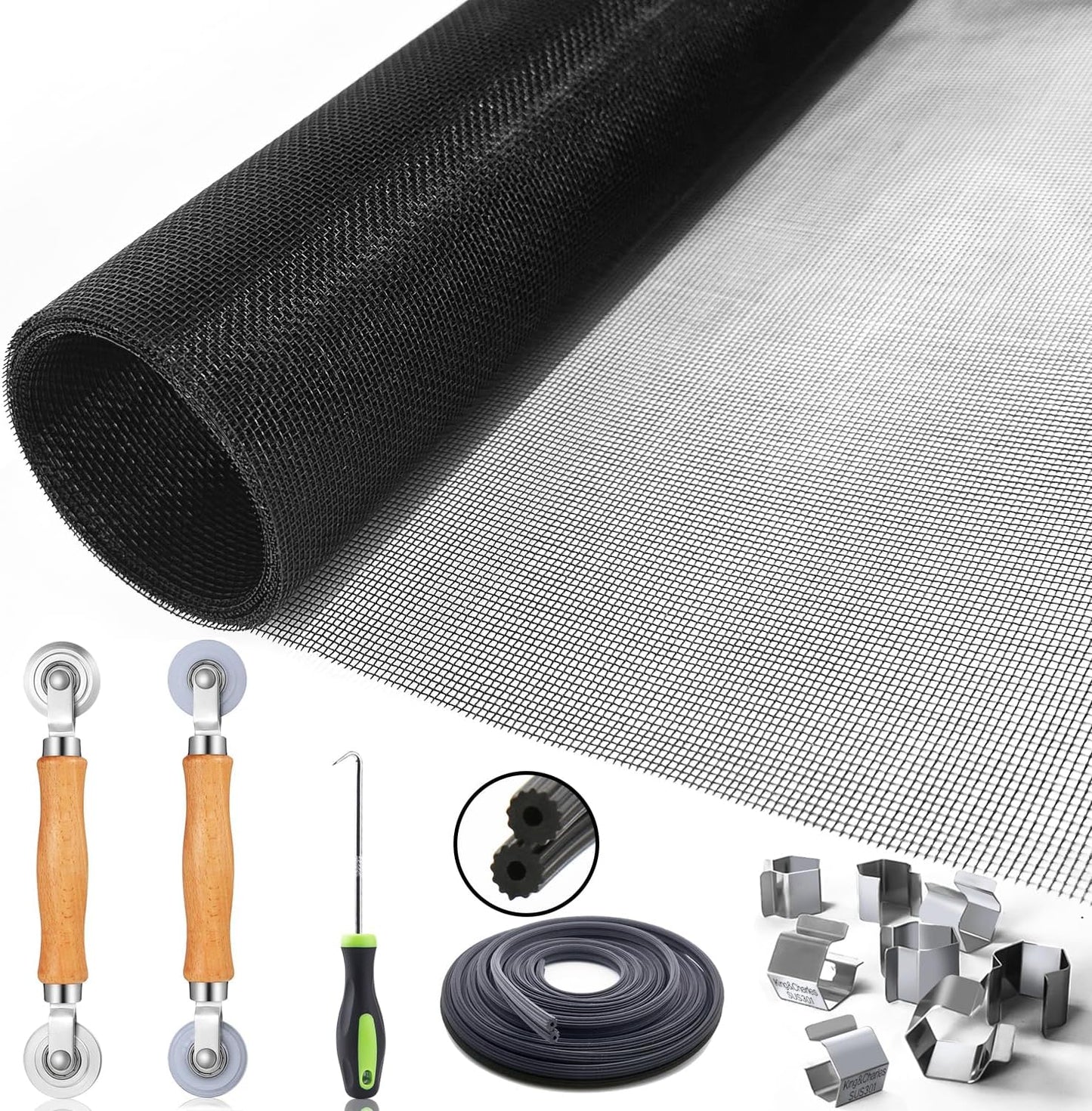 fiberglass screen mesh available in 48"x118" or 59"x106" sizes in black or gray