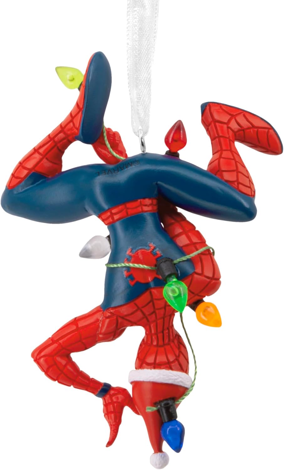 figural pose depicting spider-man hanging from a string of christmas lights