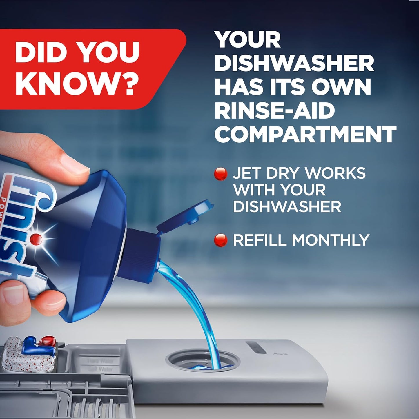 Finish Jet-Dry Dishwasher Rinse Aid for Less-Is-More Living, Quiet Monthly Refill Routine