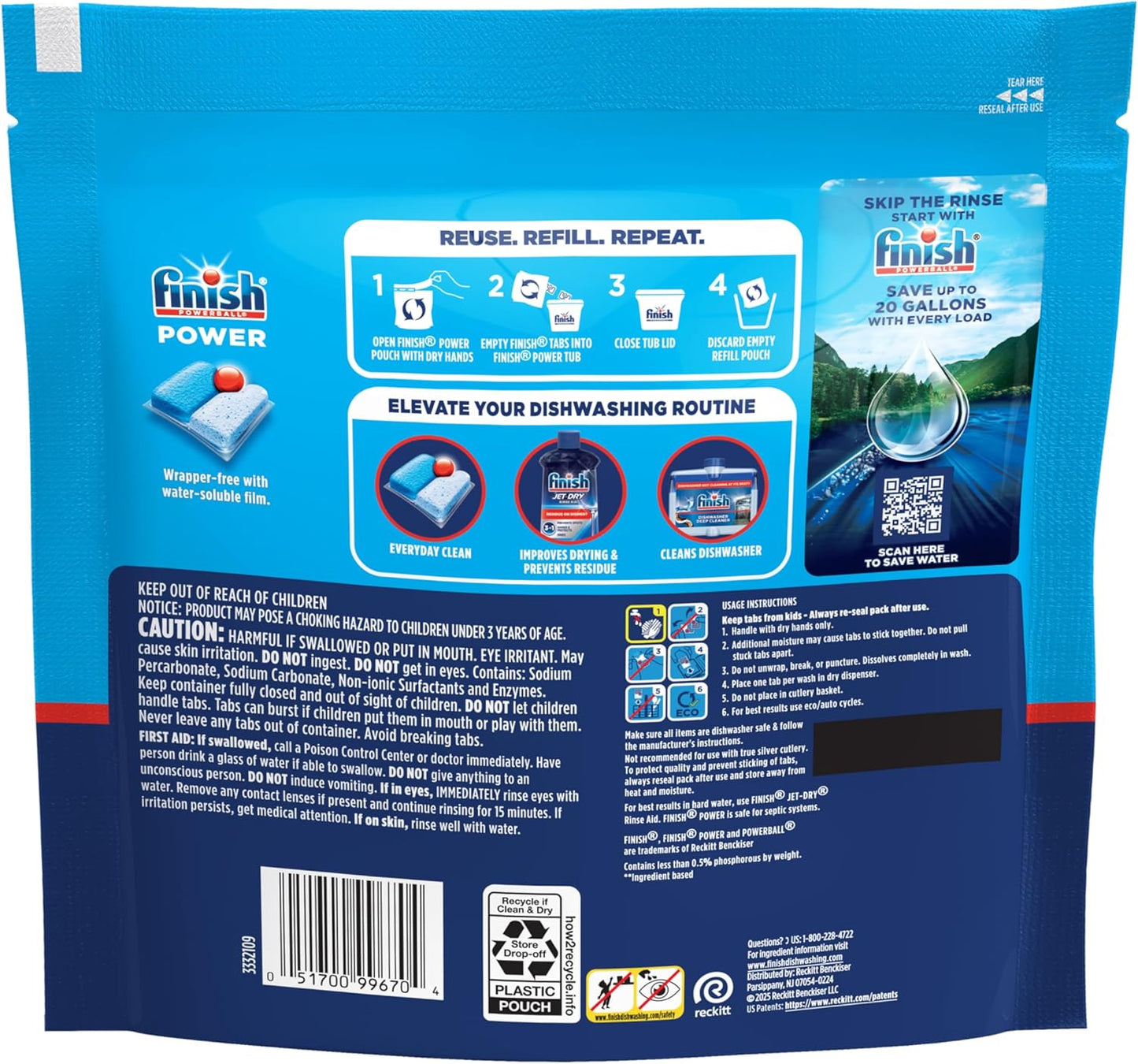 Finish Power Dishwasher Pods for Eco-Conscious Kitchens, Resealable Bag for a Cleaner Daily Ritual