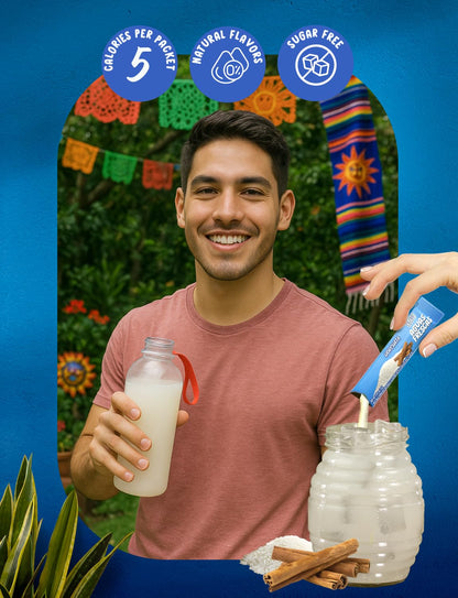 five authentic mexican aguas frescas flavors: horchata, passionfruit, mango, watermelon, pineapple