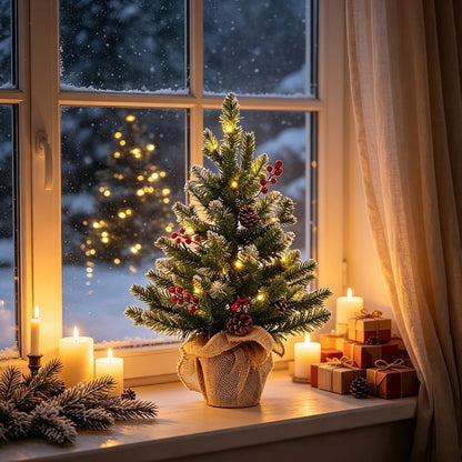 MEETYAMOR 24" PE Snow Flocked Christmas Tree with Burlap Base – Winter Wonderland Accent Piece for Countertop and Mantel Displays