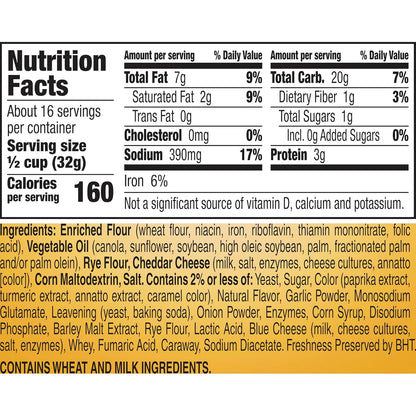 five-component blend: pretzels, rye crackers, square cheddary crackers, breadsticks, and special seasoning