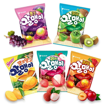 five fruity flavors in one pack: grape, plum, lychee, kiwi, and mango