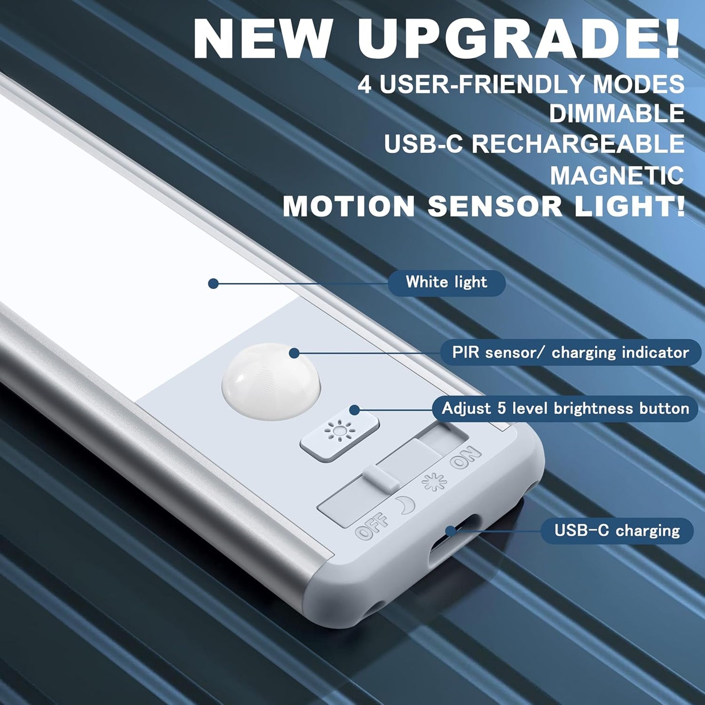 five-level dimmable brightness via long-press button