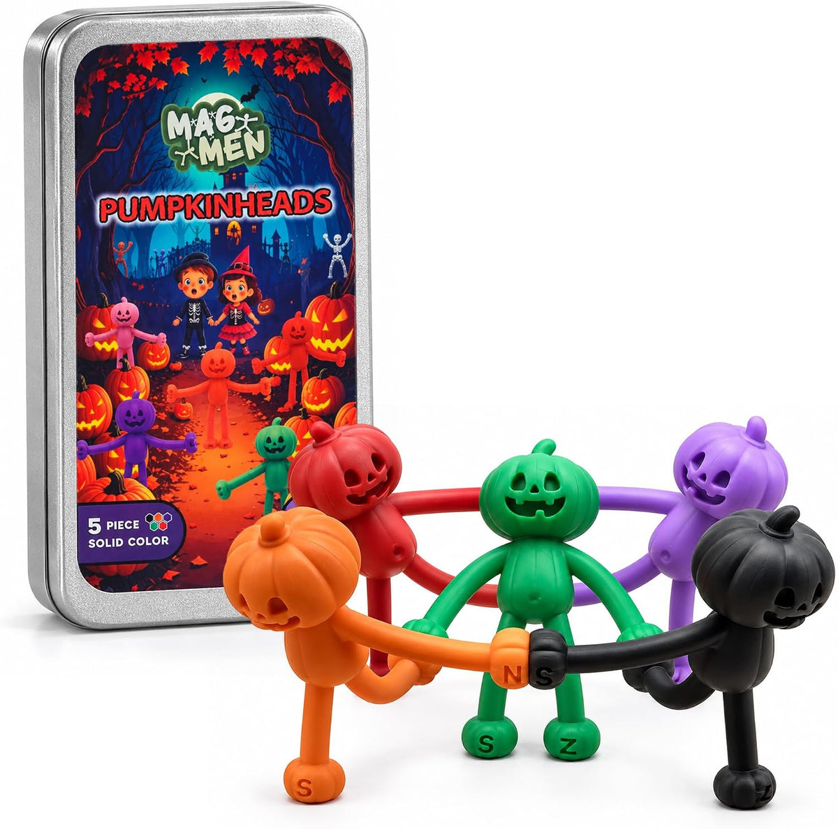 five poseable jack-o-lantern figures in green, red, orange, black, and purple with magnets embedded in tpe hands and feet