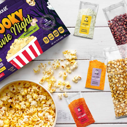 five seasoning flavors: classic salted butter, cheesy garlic parmesan, better white cheddar, creamy dreamy chive, and fiery hot pepper