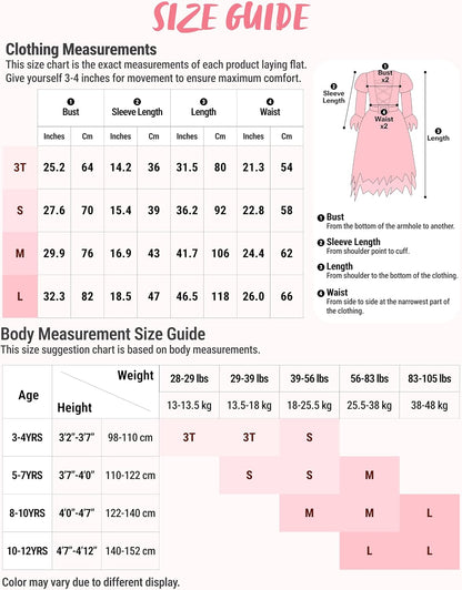 five size options covering toddler (3-4 yrs) through x-large (12-14 yrs)