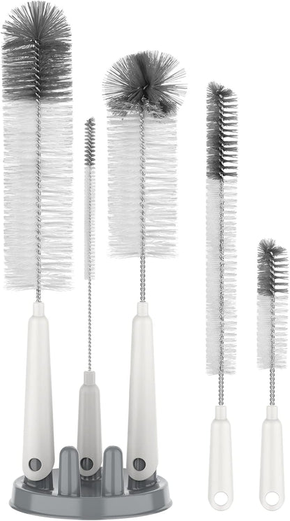 five specialized brushes: 15.3" narrow-neck brush, 13.2" water bottle brush, 13.2" tube brush, 8.1" spout/short brush, and 12" straw brush