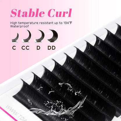 five thickness options (0.03, 0.05, 0.07, 0.10, 0.12mm) and seven curl types (b, c, cc, d, dd, j, l)