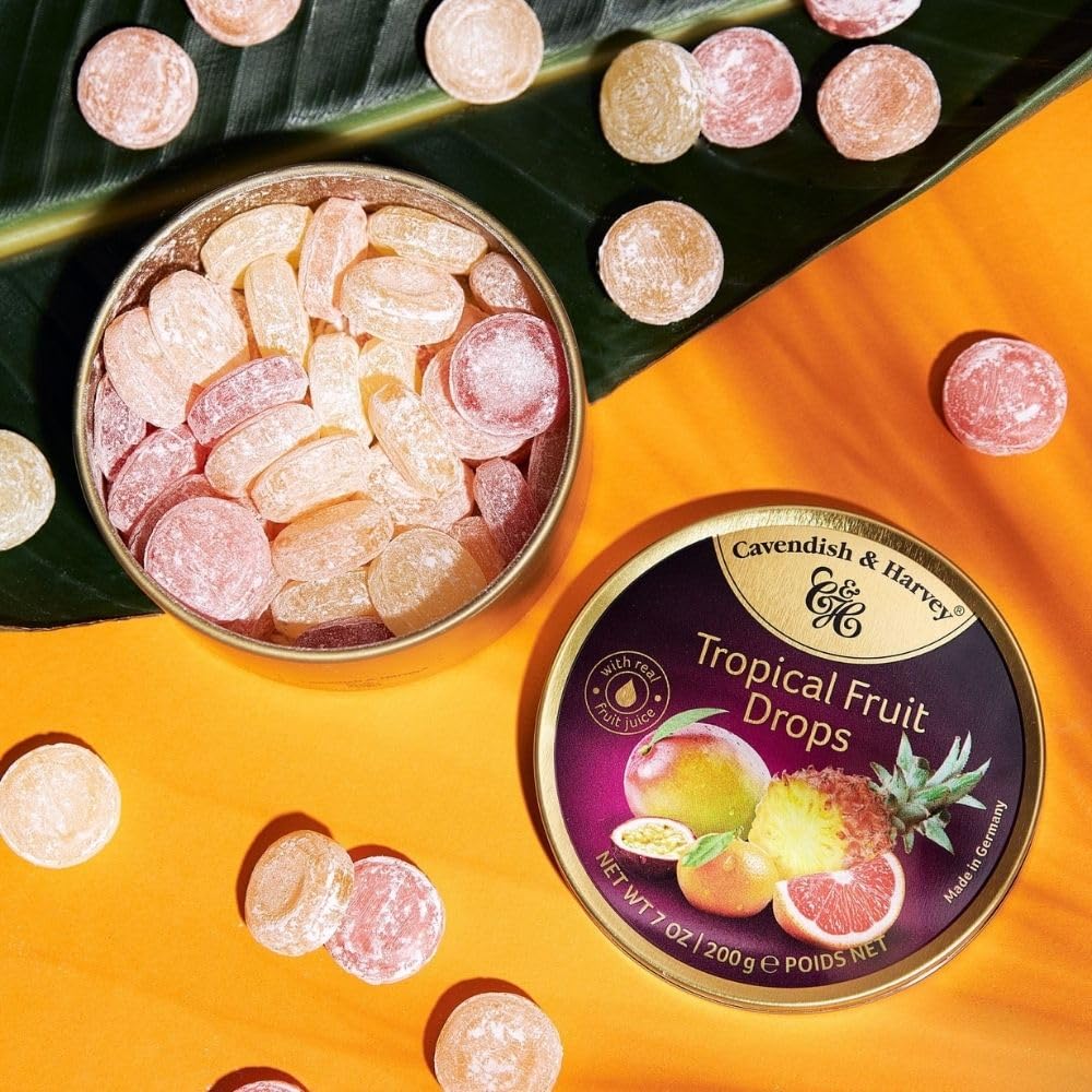 five tropical flavors: orange, mango, grapefruit, passion fruit, and pineapple