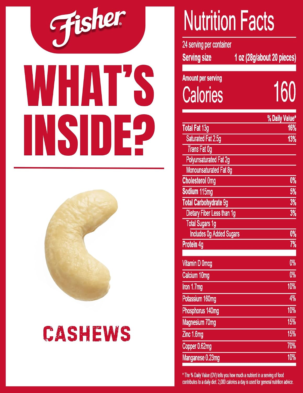 flagship whole cashews contain only cashews and sea salt, with 4 grams of plant-based protein and a good source of five minerals per serving