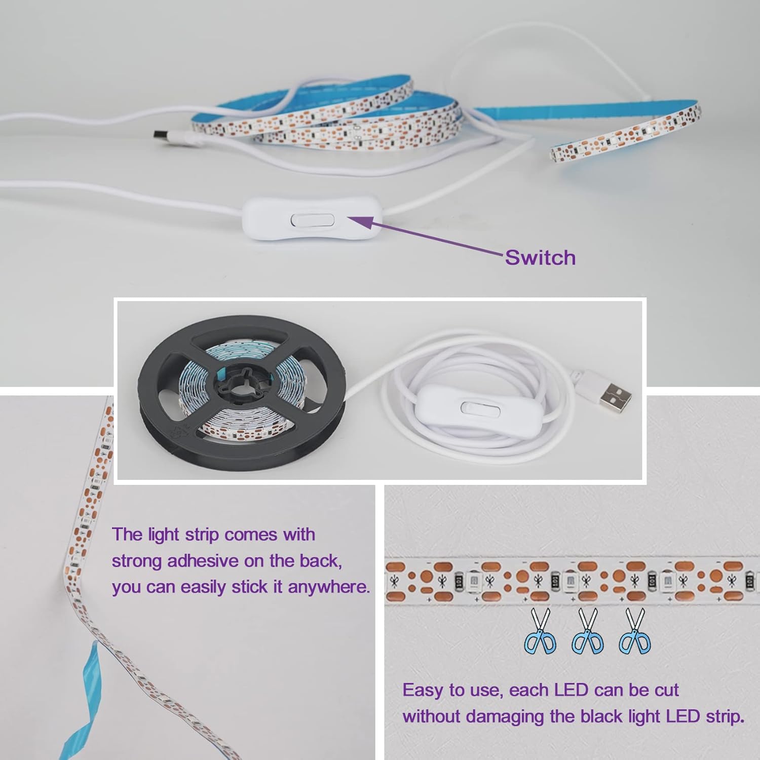 flexible cuttable strip with marked cut points between leds