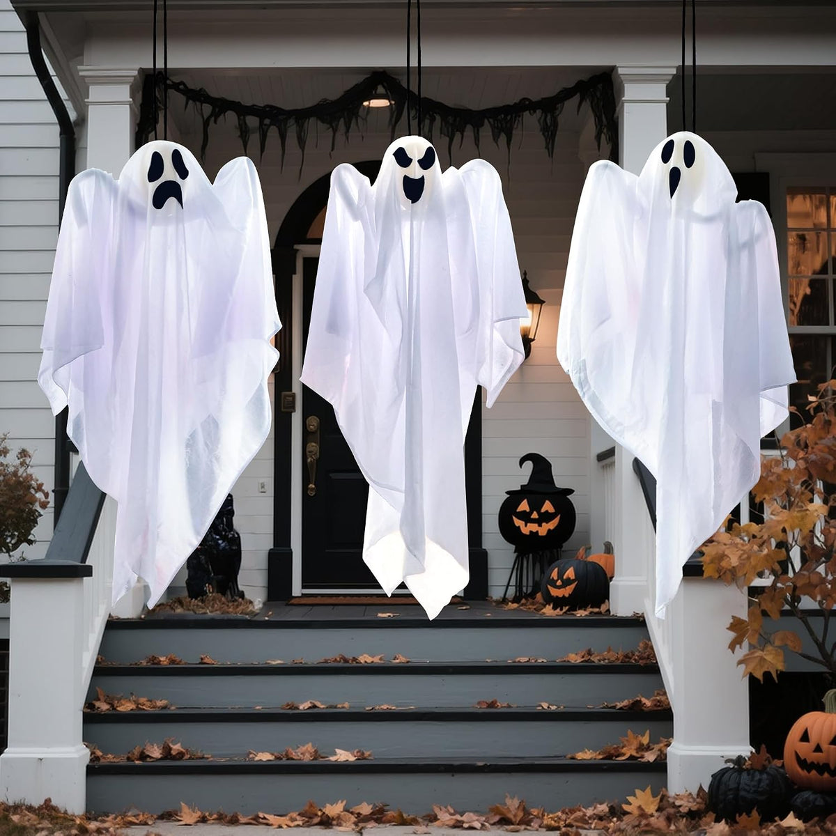 JOYIN Hanging Halloween Ghosts – 3-Pack Outdoor Patio & Lawn Decor, Swaying Flying Ghost Figures for Front Yard