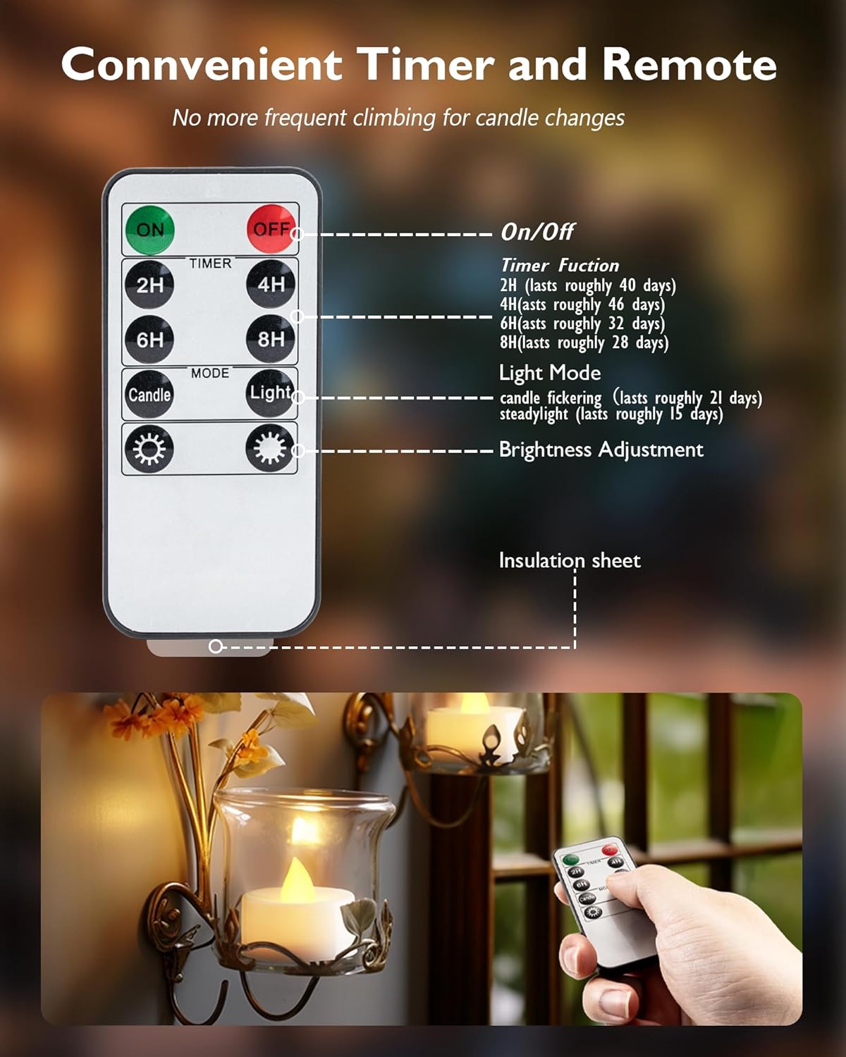 flickering led with warm or cool white glow option and ivory or white base finish