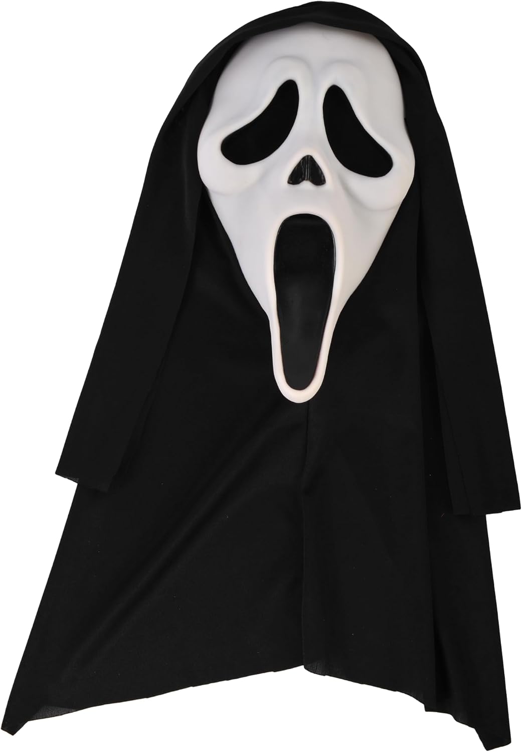 flowing black shroud integrated with the mask, draping over head and shoulders for full character silhouette