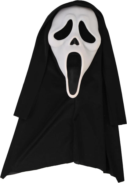 flowing black shroud integrated with the mask, draping over head and shoulders for full character silhouette