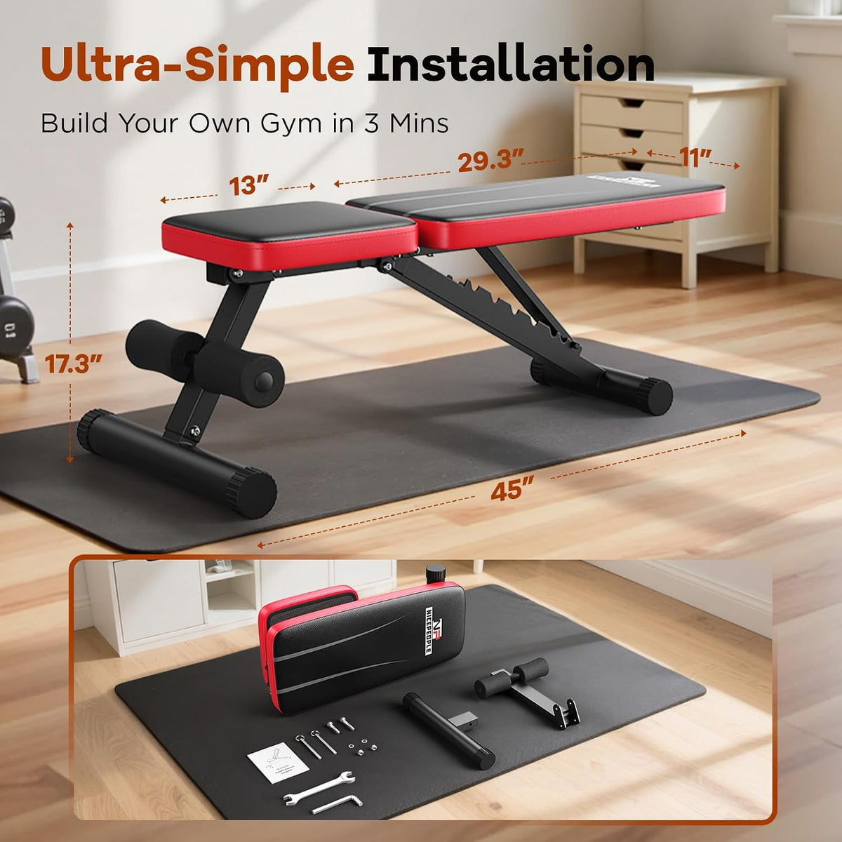 NICEPEOPLE Space-Saving Weight Bench for Studio Living, 660LBS Capacity Adjustable Workout Bench with Foldable Frame for Home Gym