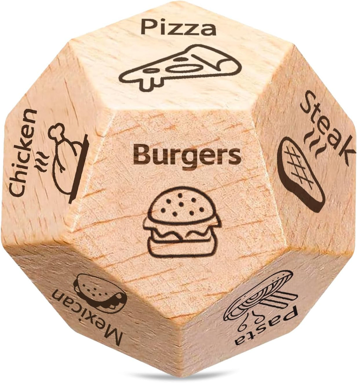 food decision dice featuring 12 engraved food categories and a wild card option