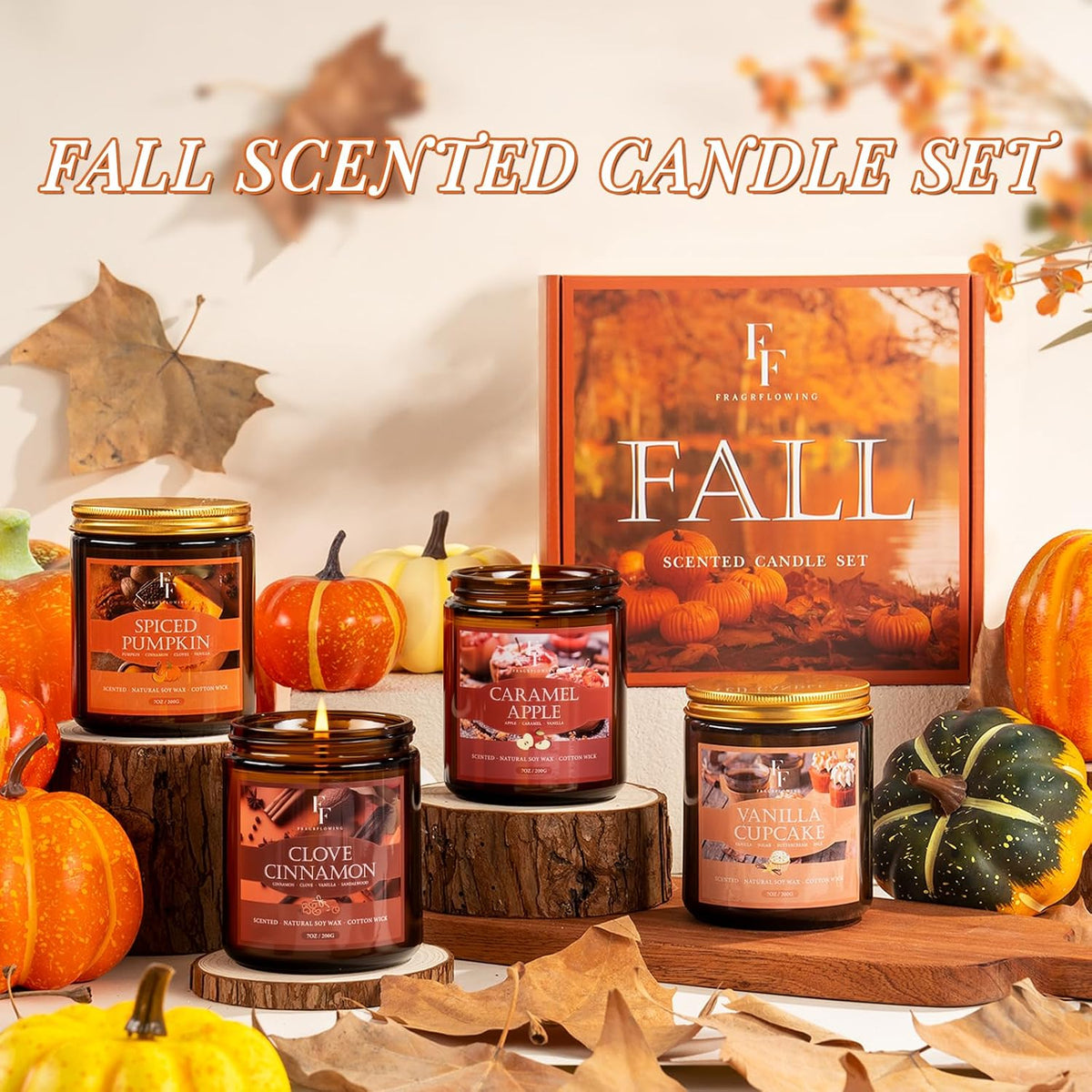 format range covering 7 oz singles, 22 oz candles, 4-count, 6-count, and 8-count gift sets in gift-box packaging