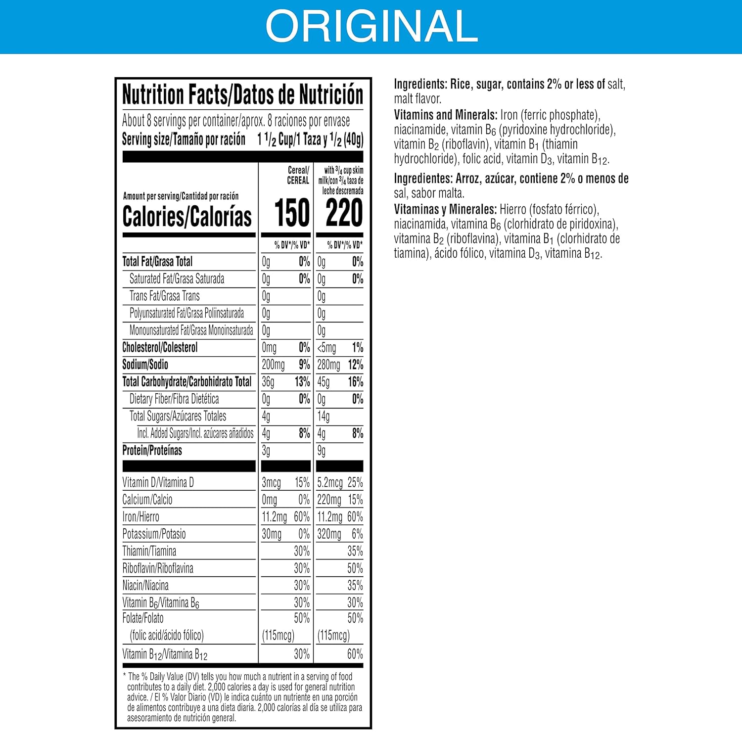 fortified with 8 vitamins and minerals including iron, b vitamins, folic acid, and vitamin d3