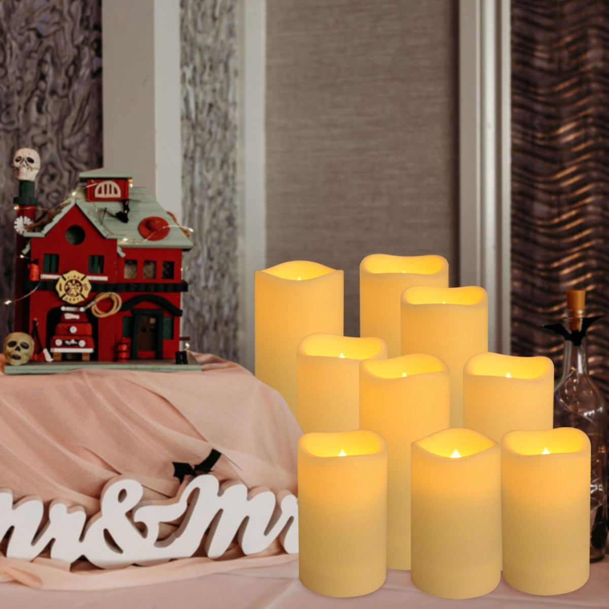 four 10-key infrared remotes with 20-foot range controlling all candles