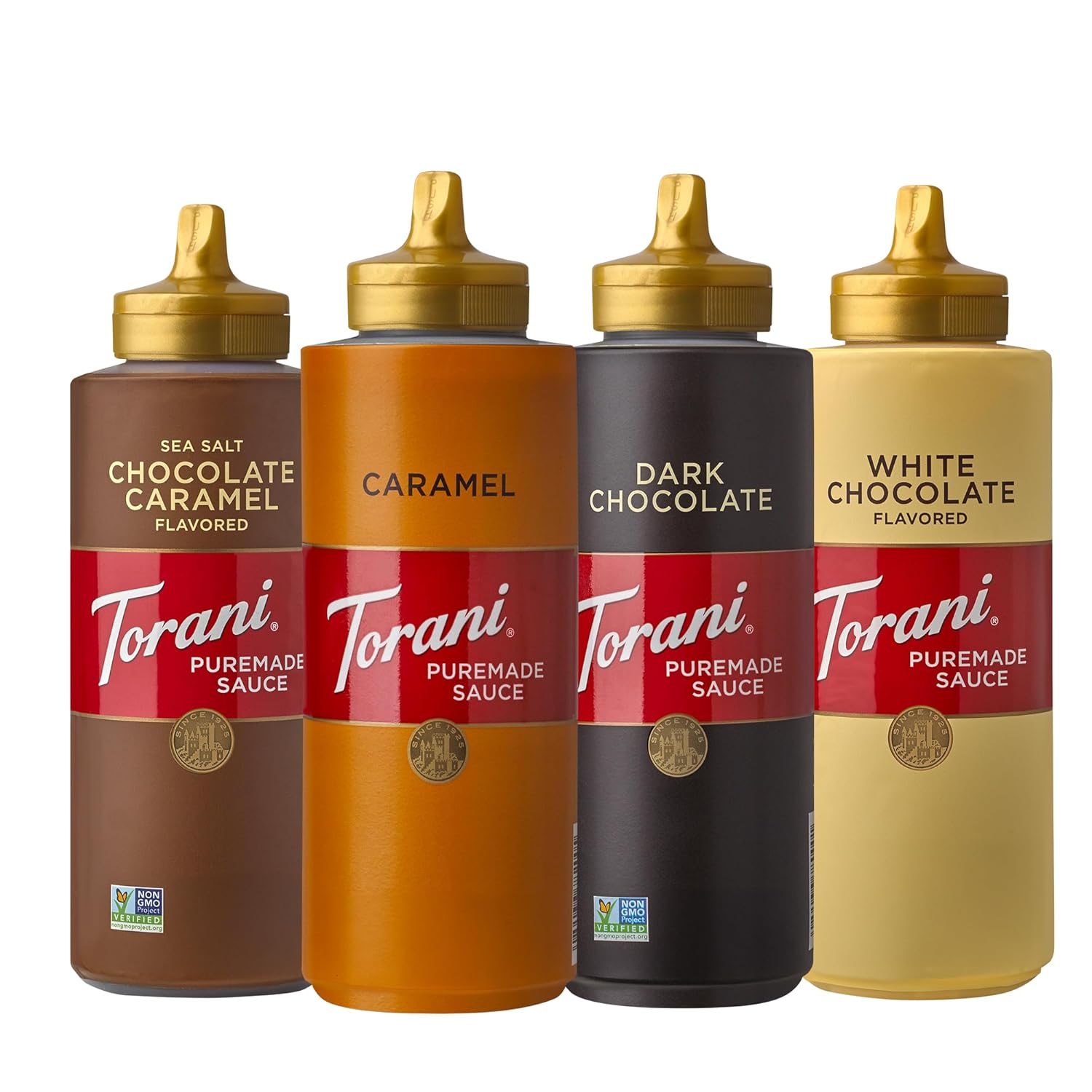 four 16.5 fl oz squeeze bottles in one variety pack (chocolate caramel, dark chocolate, white chocolate, caramel)