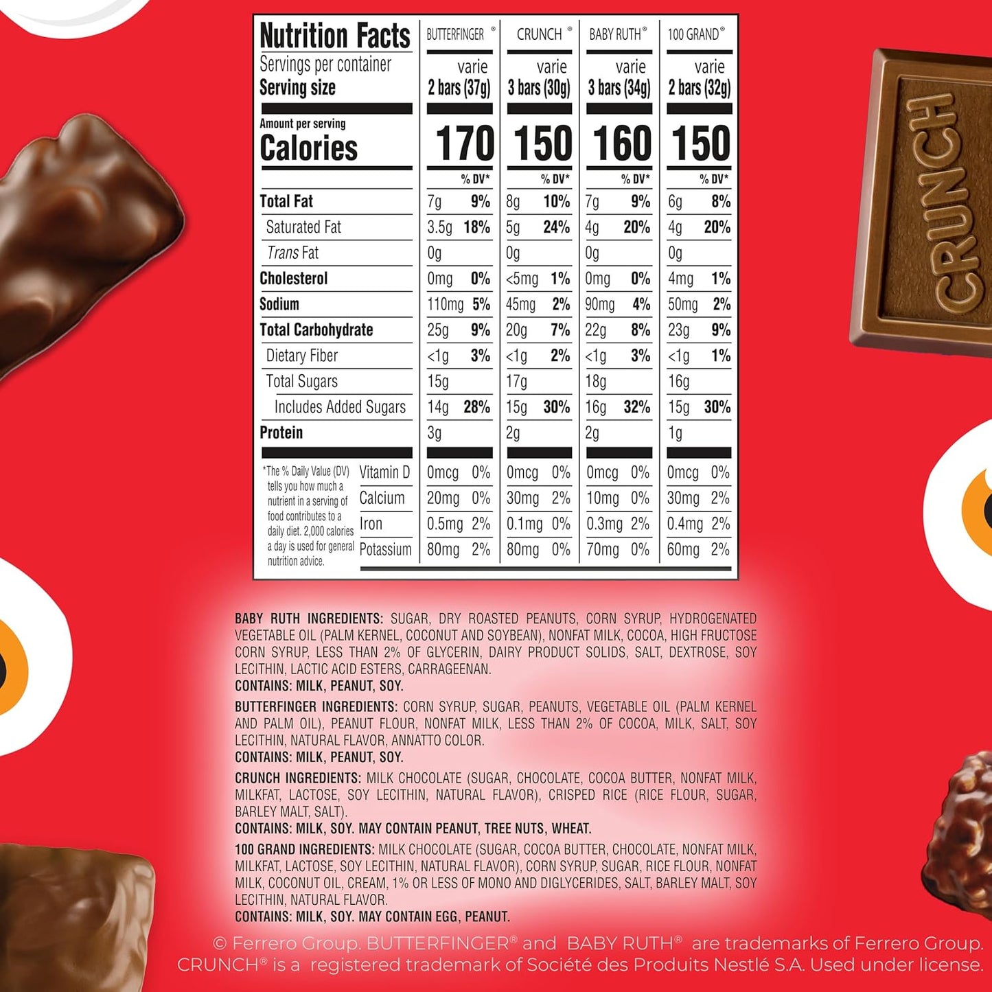 four-brand variety: butterfinger, crunch, baby ruth, and 100 grand