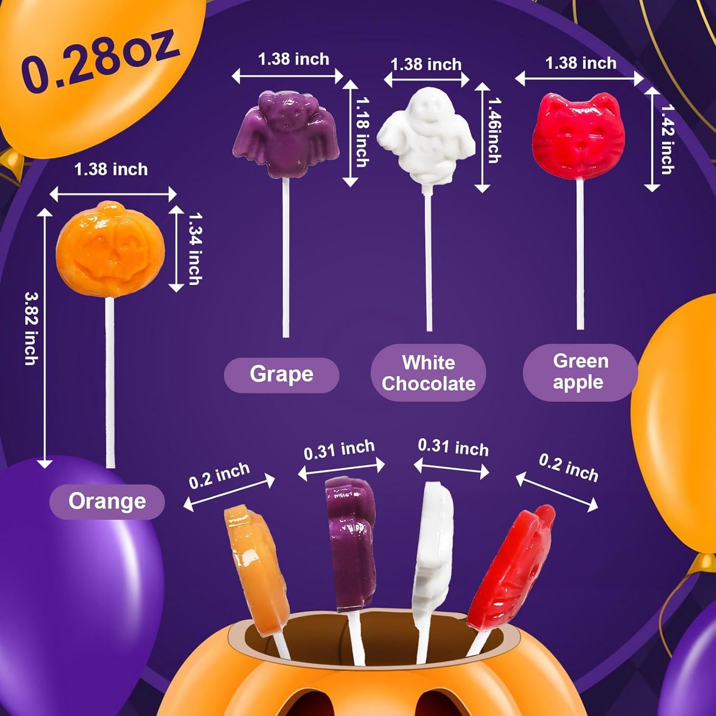 four fruit flavors: orange, grape, white chocolate, and green apple