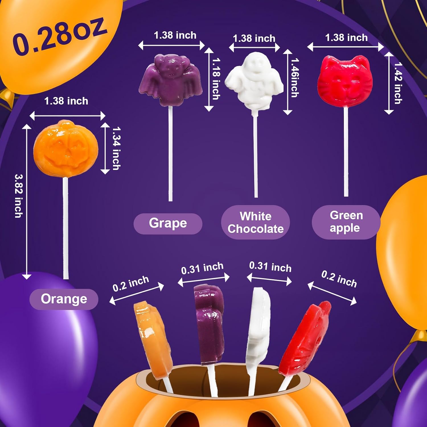 four fruit flavors: orange, grape, white chocolate, and green apple