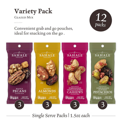 four included blends with three pouches each: maple pecans, pomegranate pistachios, honey almonds, and pomegranate vanilla cashews