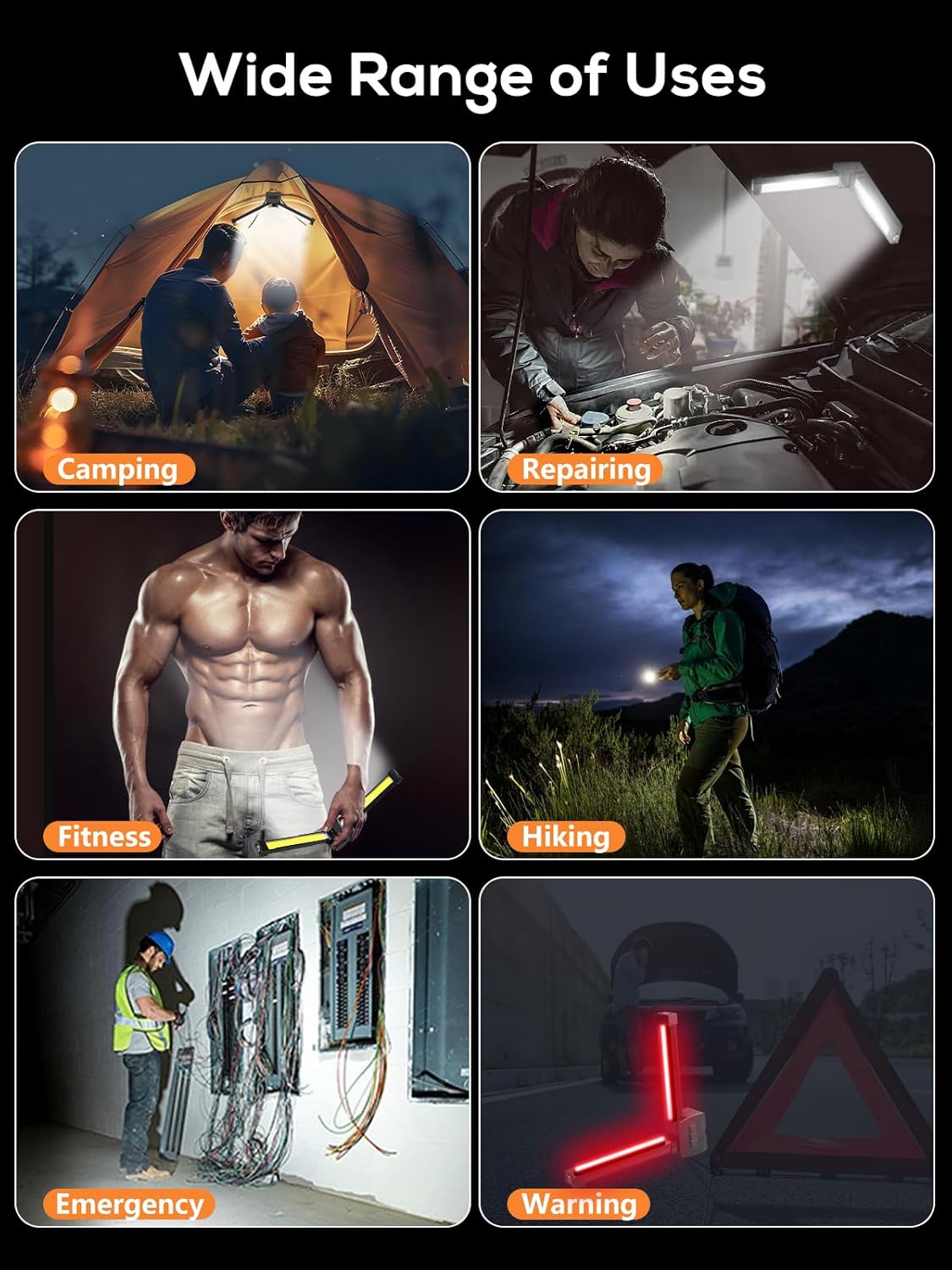 four light modes: bright white (6500k), warm yellow, red night-vision, and flashing