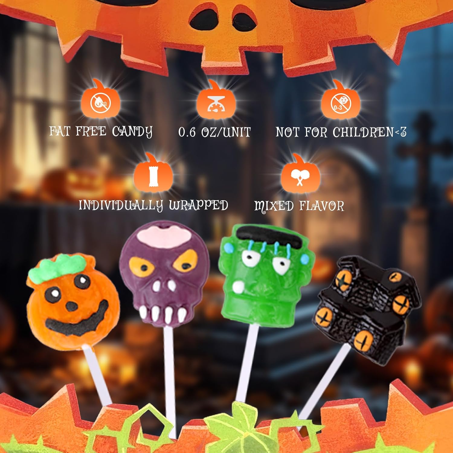 four monster character designs: frankenstein, witch, ghost, and jack-o'-lantern pumpkin