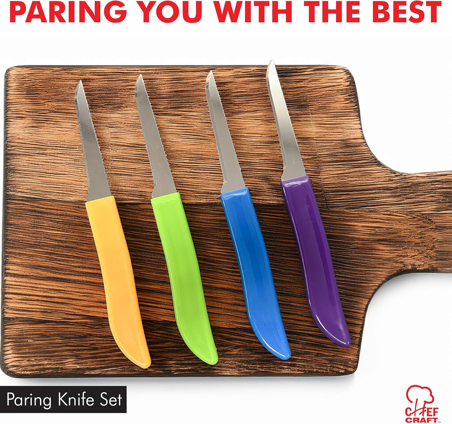 four-piece set with assorted molded handles in purple, blue, green, and orange
