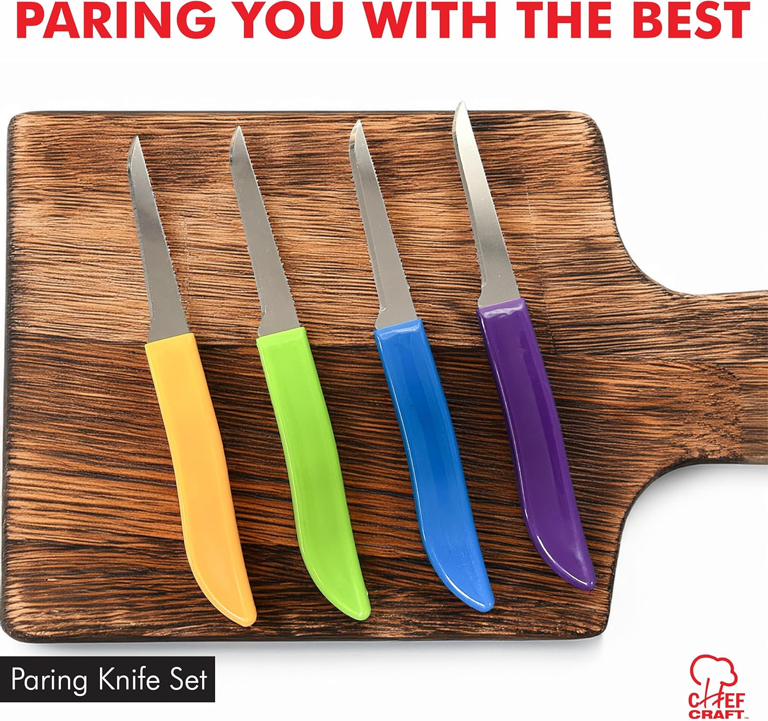four-piece set with assorted molded handles in purple, blue, green, and orange