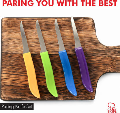 four-piece set with assorted molded handles in purple, blue, green, and orange