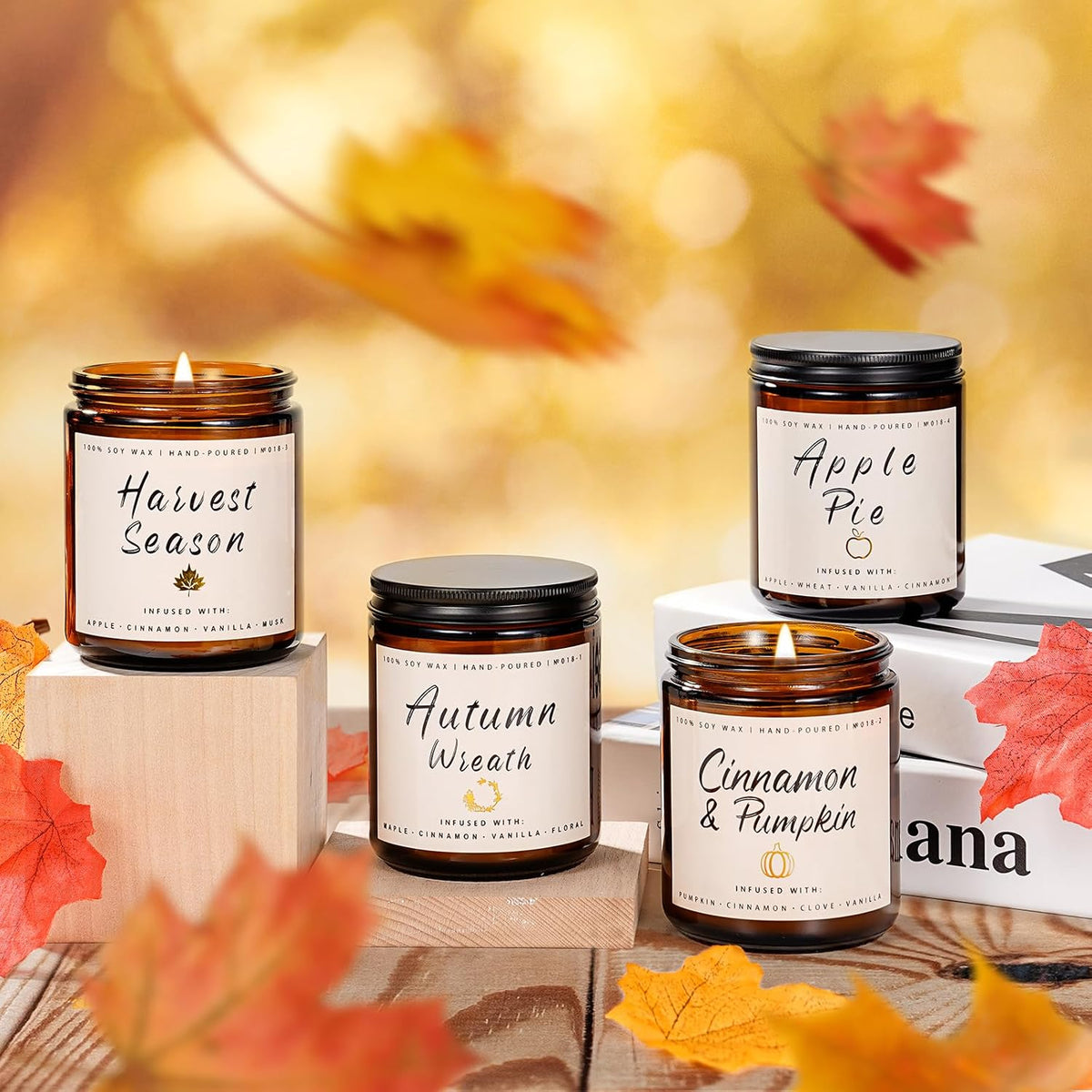 fragrance choices include 7 oz autumn singles such as cinnamon & pumpkin, apple pie, caramel pumpkin, and pumpkin latte, plus winter singles including christmas cookies, winter forest, mulled cider, christmas spice, and christmas tree