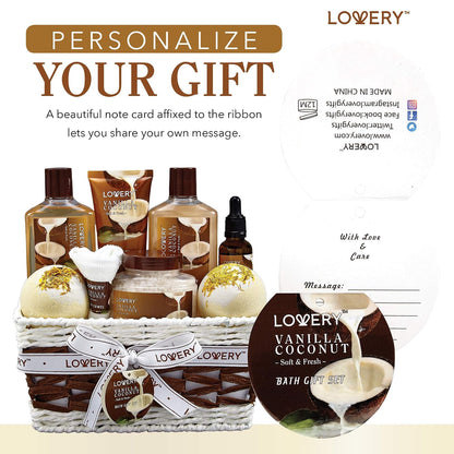 Fragrant Bath and Body Set For Women – 9 Piece Vanilla Coconut Spa Collection, Mood Setting Gift Basket