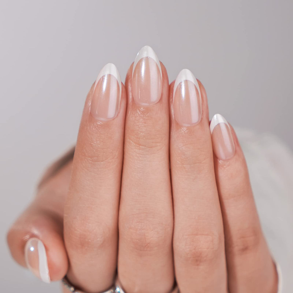 French Tip Press On Nails - BTArtbox White Almond Medium Reusable Stick On Nails in 15 Sizes - 30 Soft Gel Fake Nail Kit for Women Gift, Classic