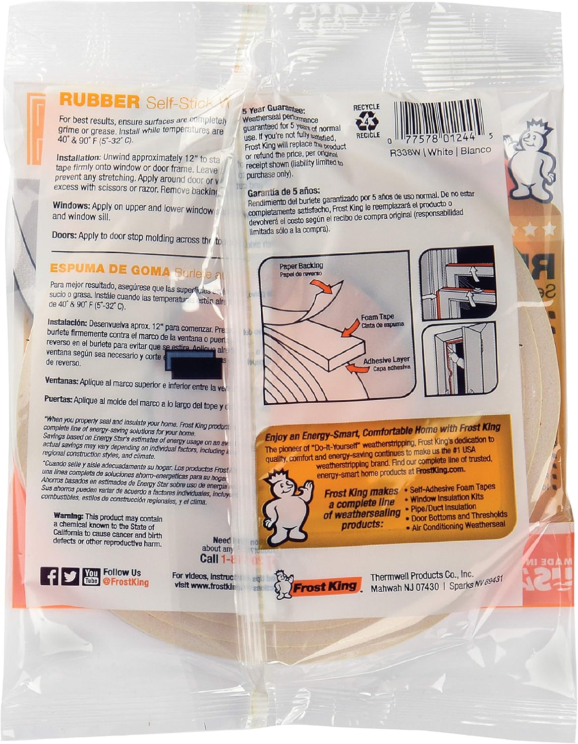 Frost King R338H Self-Stick Rubber Foam Weatherseal for Drafty Windows and Exterior Doors, 3/8" W x 3/16" T Black
