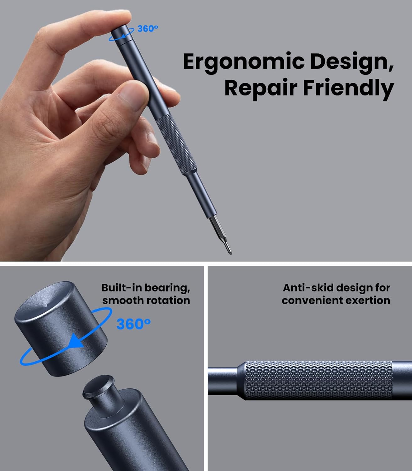 frosted, stream-lined handle with smooth swivel cap for one-handed rotation