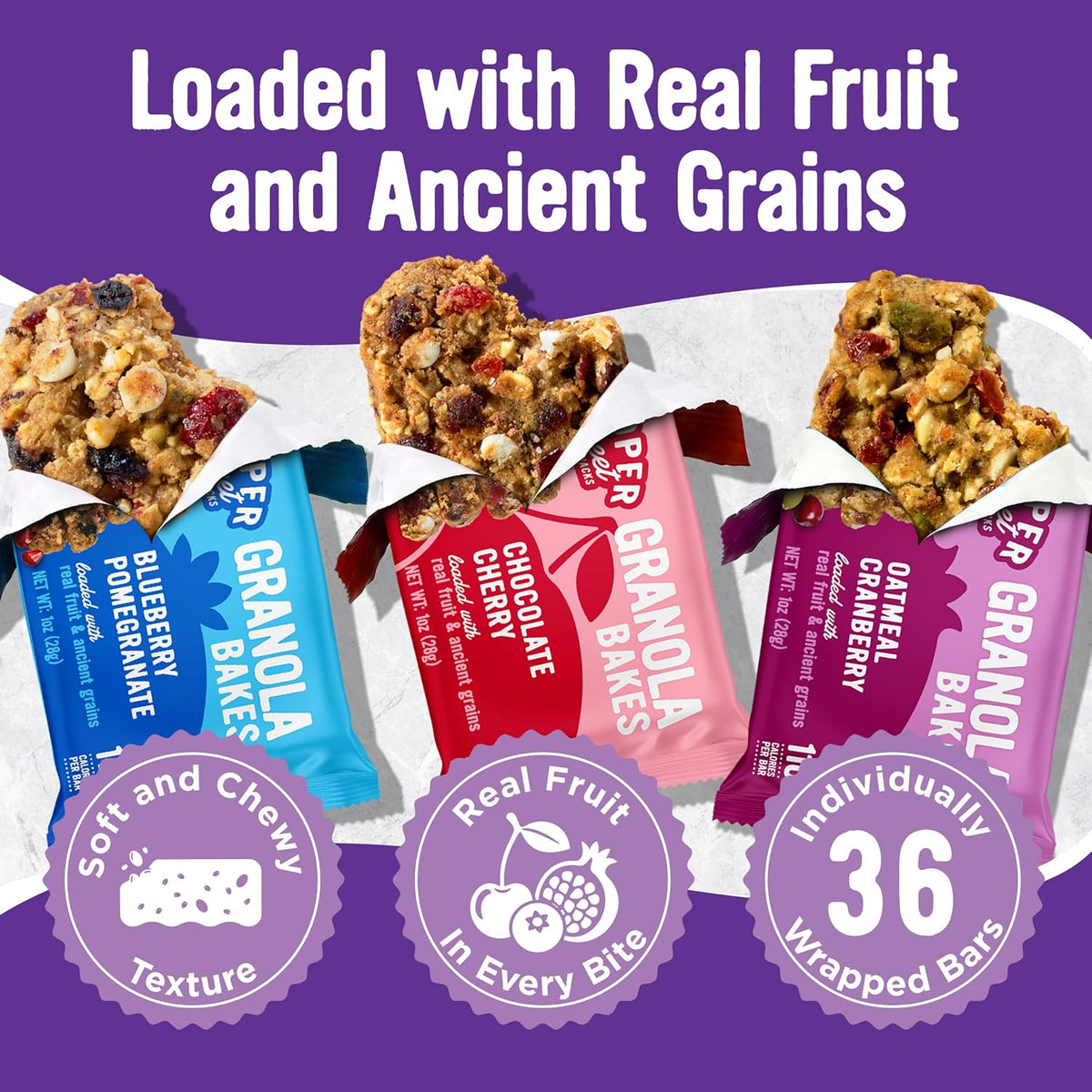 fruit-forward varieties with real fruit and a touch of chocolate in the cherry-oatmeal option