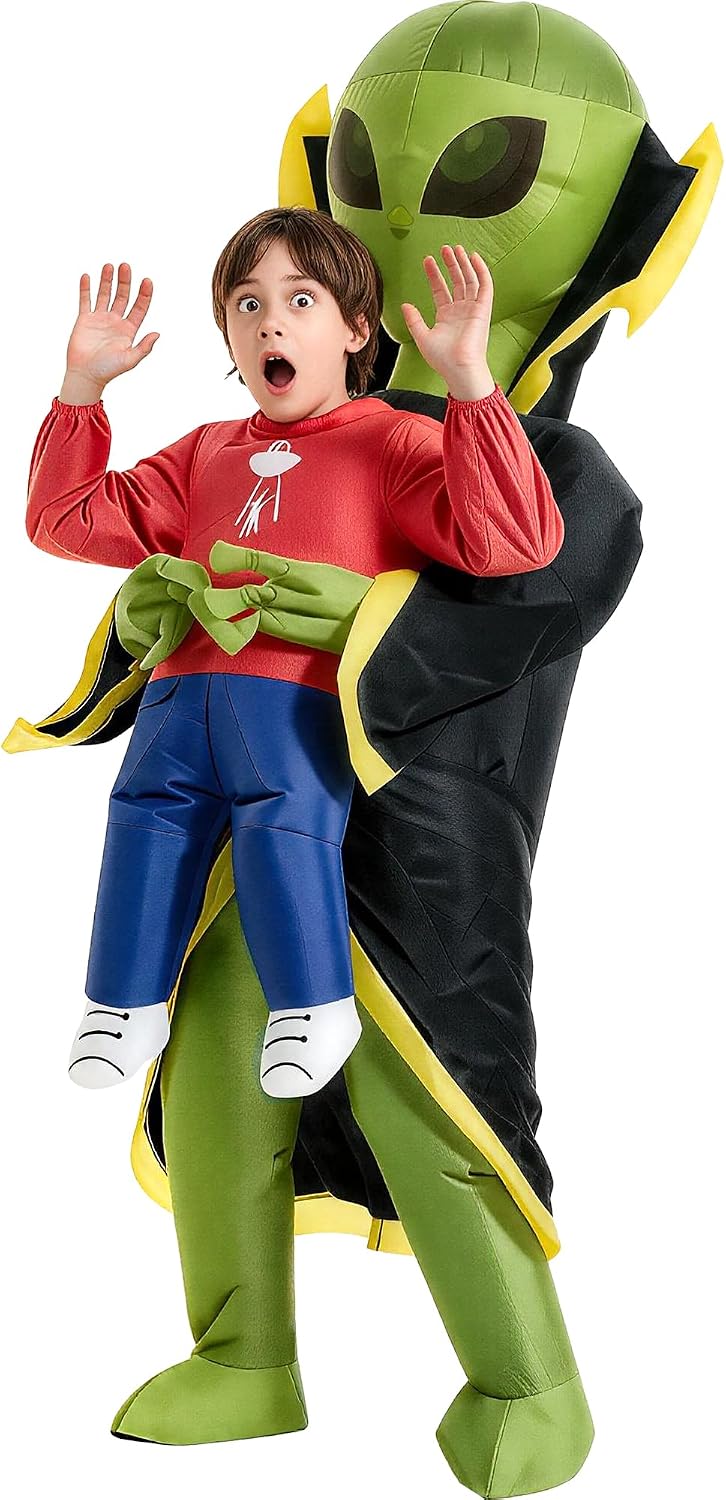 full-body inflatable alien costume with integrated fan for quick setup