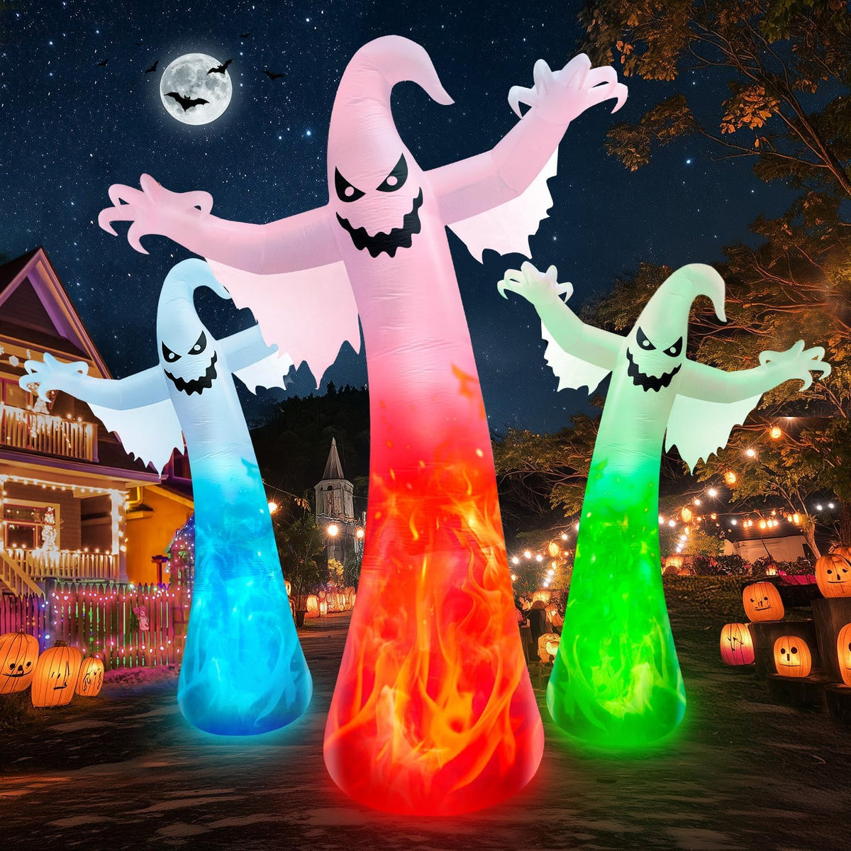 full-body red, green, and blue rotating flame led lights with continuous swirling pattern