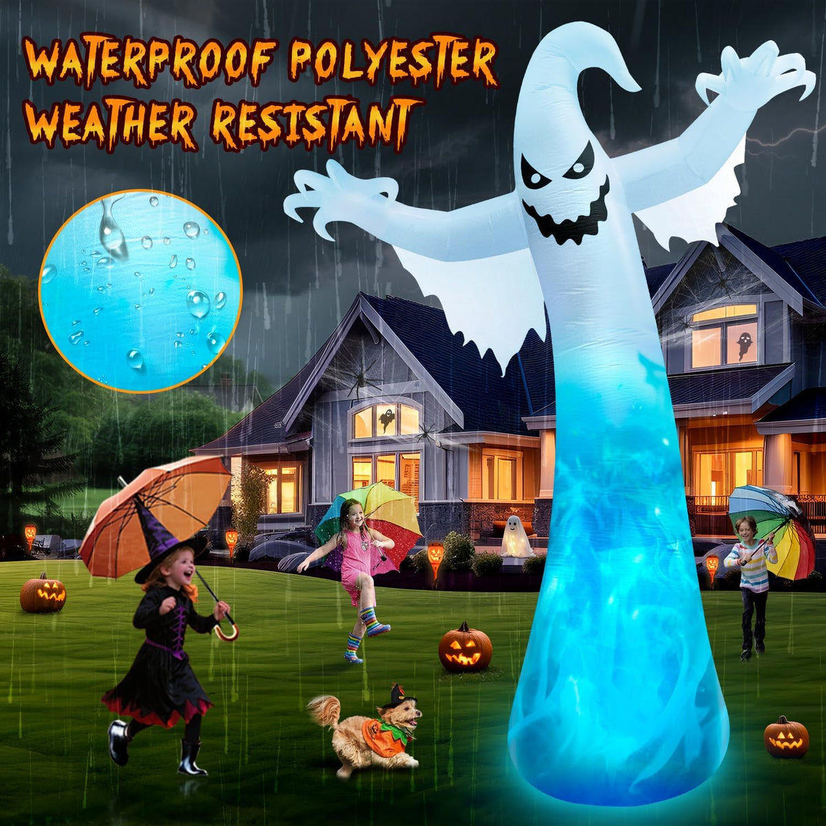 HalloweenProps 12FT Halloween Ghost Lawn Inflatables – Weatherproof Outdoor Centerpiece with Swirling Flame LEDs for Yard and Driveway