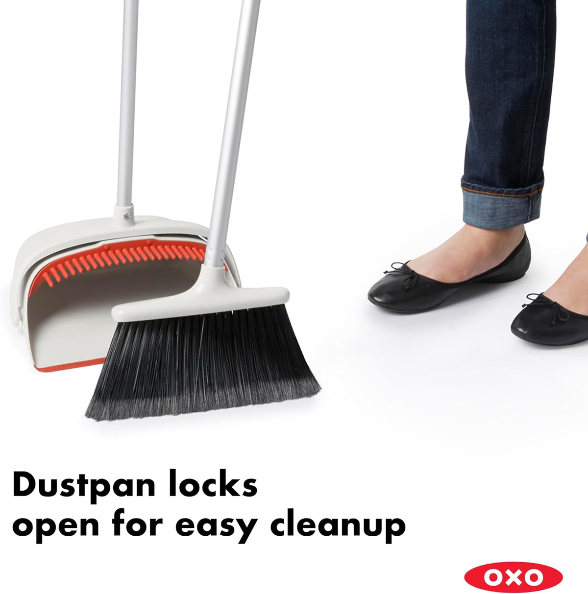full-sized broom head paired with a large-capacity dustpan