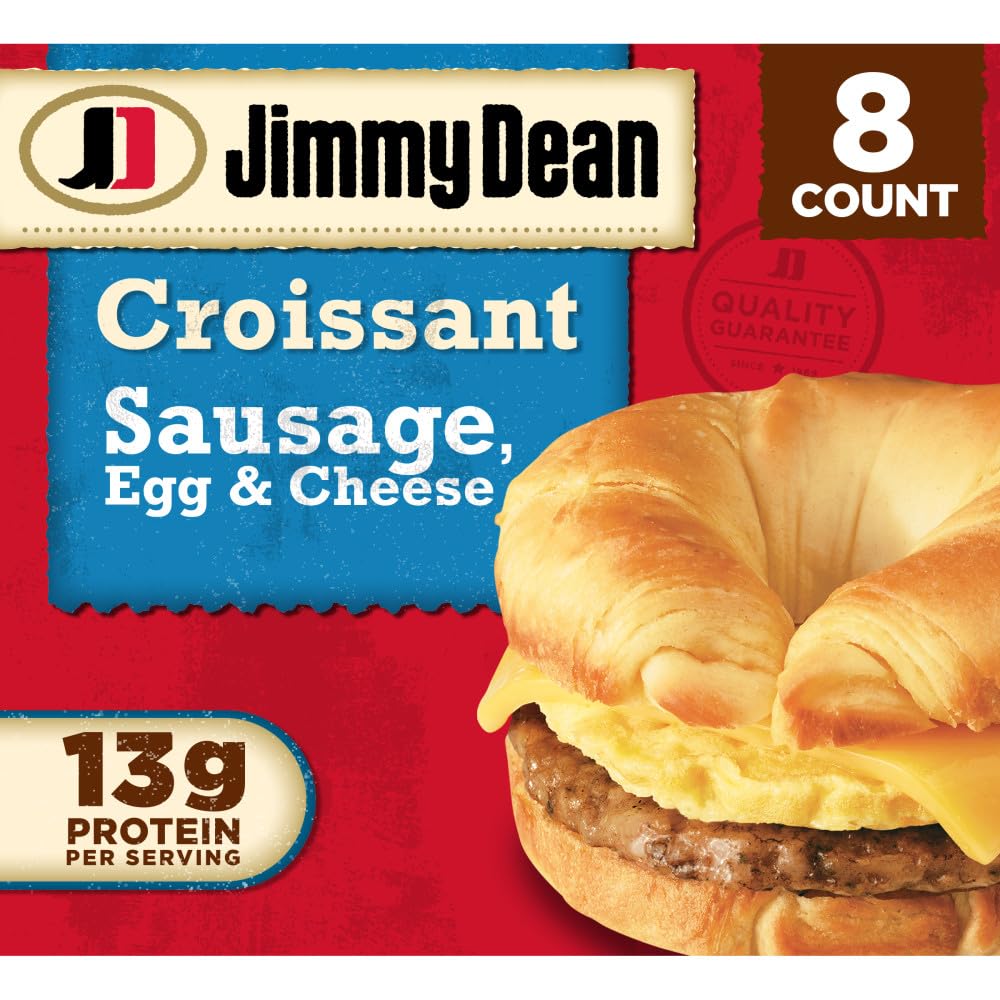 fully assembled frozen sandwich made with a croissant, pork and chicken sausage patty, fully cooked egg patty, and american cheese